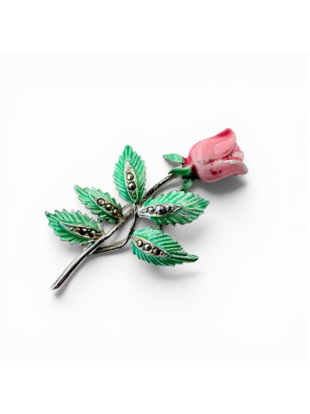Vintage Enamel Rose Brooch Pink Flower Green Leaves Rhinestone Silver Tone 1940s